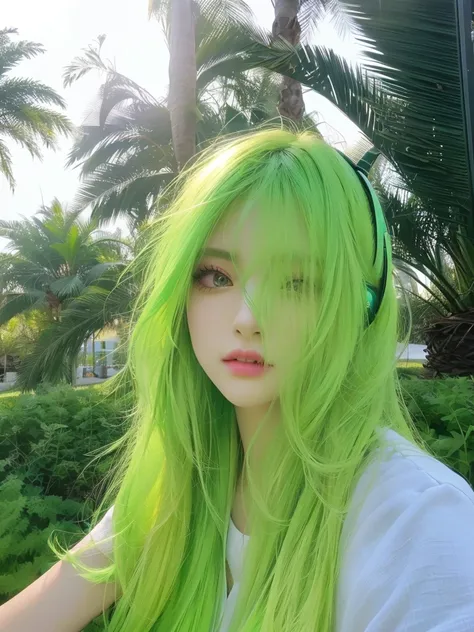 8K high quality，1 woman，Fluorescent green hair：1.5