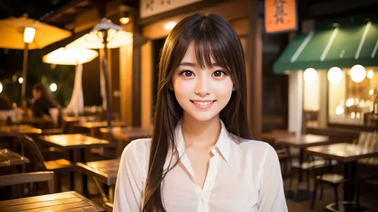 Cute girl working at a cafe terrace　Japanese　１９age　
Professional Lighting　Digital SLR　Beautiful and elaborate face　Perfect and beautiful face　Big eyes Smile