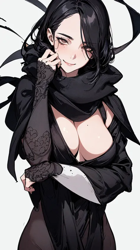 Top quality, (background details), high contrast, one very beautiful woman, detailed original illustration, functional, delicate face, ninja, ninja costume, black hair, scarf, face hidden by hand towel, charming, bad girl, sexy, real breasts, crazy smile, ...