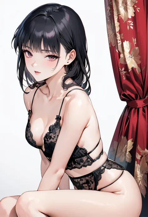 ((Top quality, masterpiece, freak, super resolution)), 1 girl, Japanese model,16 years old,Smooth black hair,Sexy lingerie, front: lace bralette with underwire, thin straps, deep neckline, color: red, pattern: floral lace, sheer panels, back: matching lace...