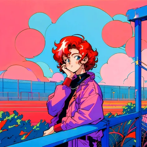 anime boy with red hair sitting with a hand on his face looking up, above him a calm sky at dawn, 8 0 s anime vibe, in the art style of 80s anime, 80s anime art style, colorful aesthetic, 80s Anime Style, 90s anime art style, lofi art style, lofi portrait,...