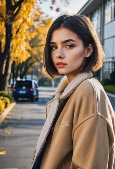 Beautiful 16-year-old girl, named Sofia, beautiful golden eyes, detailed eyes, MID-HEIGHT bob  haircut, mermeland lips, sexy, detailed face, university jacket, in the background a school, car, parking 