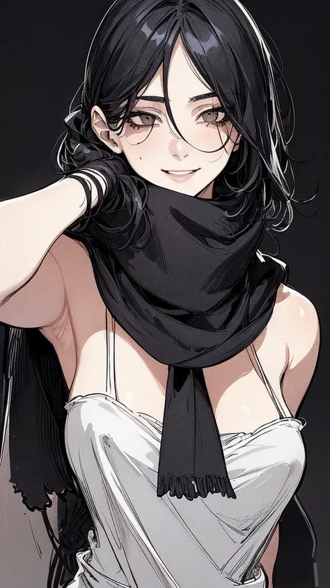 top quality, (background details), high contrast, one very beautiful woman, detailed original illustration, functional, delicate face, ninja, ninja costume, black hair, scarf, face hidden by hand towel, charming, bad girl, sexy, real breasts, crazy smile, ...