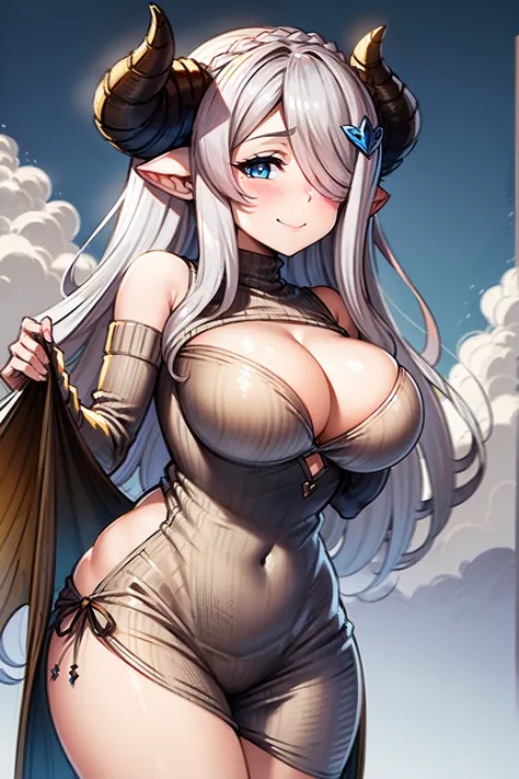 (((1 woman))), ((detailed blue eyes)), ((long silver hair)), large breasts, perfectly drawn body, narmaya, seductive smile, sweater, best quality, masterpiece, ultra-detailed