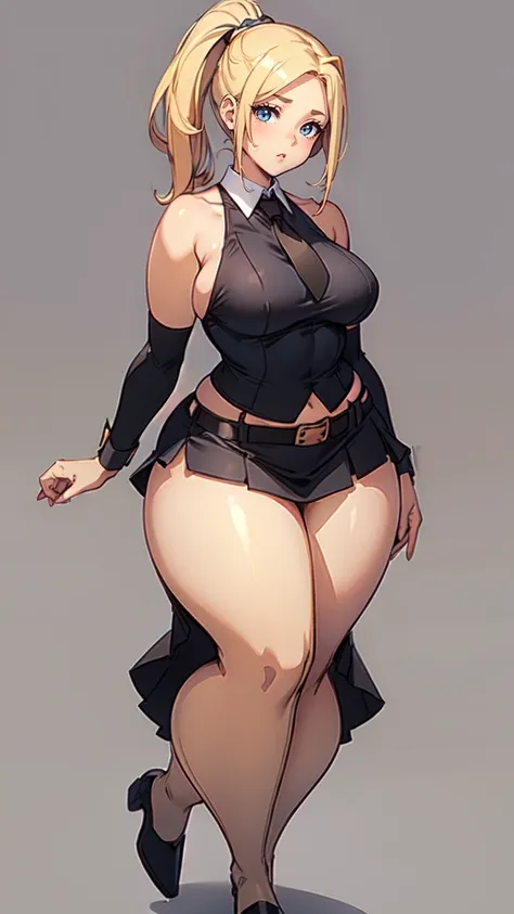 blank background, (((full body))), (masterpiece), ((best quality)), (flat chest), tiny breast, straight hair (curvy:1.8), (very short skirt), shoes, belt below navel, blonde,  (black suit and tie)