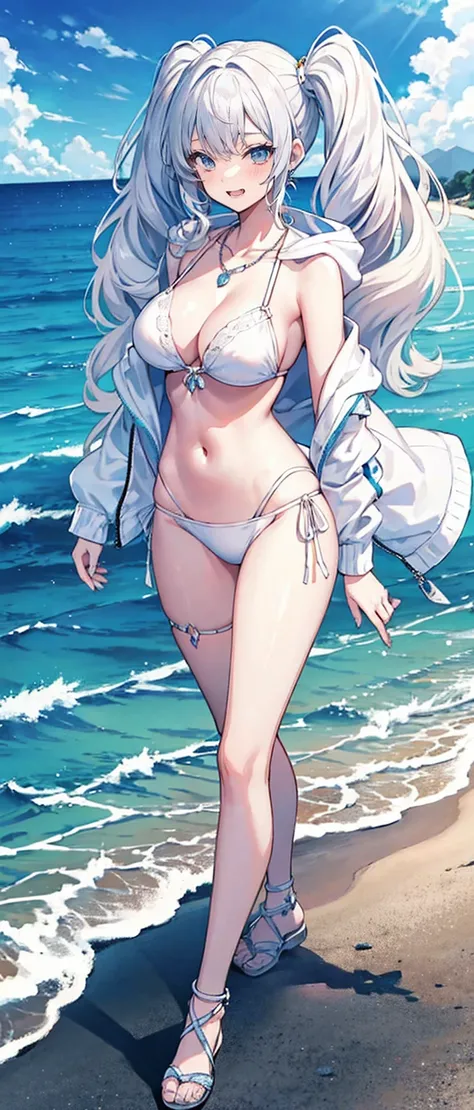 High resolution, high resolution,2D Anime Style,,Cool woman,Gal,tall,20th Generation,White hair long hair,Curly hair twin tails,Light blue eyes,Gal,Beautiful watch,Beautiful earrings,Lots of beautiful necklaces,White Bikini,Opened hoodie,He is smiling,Has ...