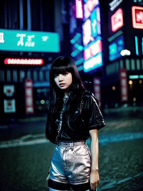 a woman, black hair, long hair, korean, bright outfit,  cyberpunk, futuristic city, 1987 film, masterpiece, best quality, blade ...