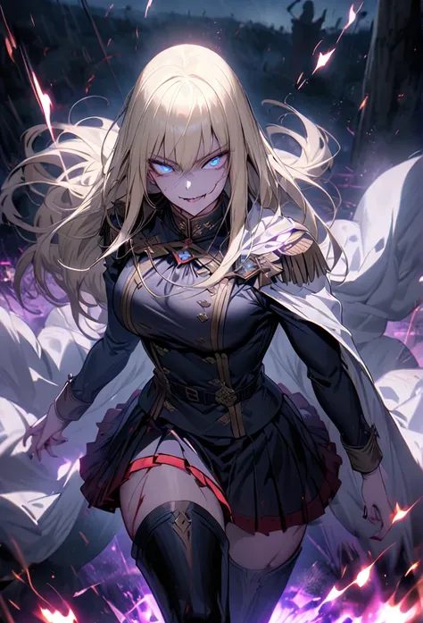 female, solo, sfw, Extremely high, tall female, muscular:1.4, blonde, long hair, straight hair, Blue eyes, evil smile, black uniform, military uniform, nail, cape, segmented skirt, thigh boots, night, battlefield, blood, Magic, antique uniform