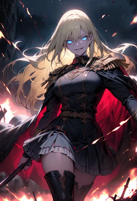 female, solo, sfw, Extremely high, tall female, muscular:1.4, blonde, long hair, straight hair, Blue eyes, evil smile, black uniform, military uniform, nail, cape, segmented skirt, thigh boots, night, battlefield, blood, Magic, antique uniform