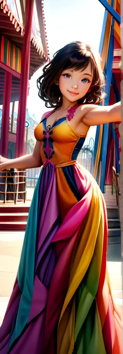 Cosplay, amusement park, smile, Dynamic pose, Dynamic Angle, Character Focus, 1 Girl, gorgeous detailed dress, Colorful Dresses, View the viewer, Underarm, Depth of written boundary, Detailed photorealistic backgrounds, Diffused natural light, Diffused, na...