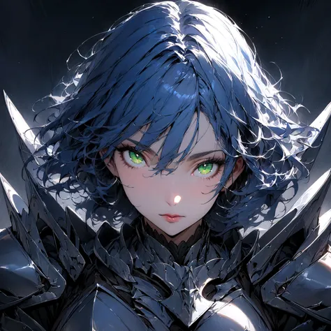 ((masterpiece:1.2, best quality)), (head-shot:1.1), (from front, facing front:1.2), ultra detailed, Ultra-precise depiction, Ultra-detailed depiction, dramatic lighting, 1girl, solo, mature girl, blue hair, shiny green eyes, sharp almond eyes shape, flat e...