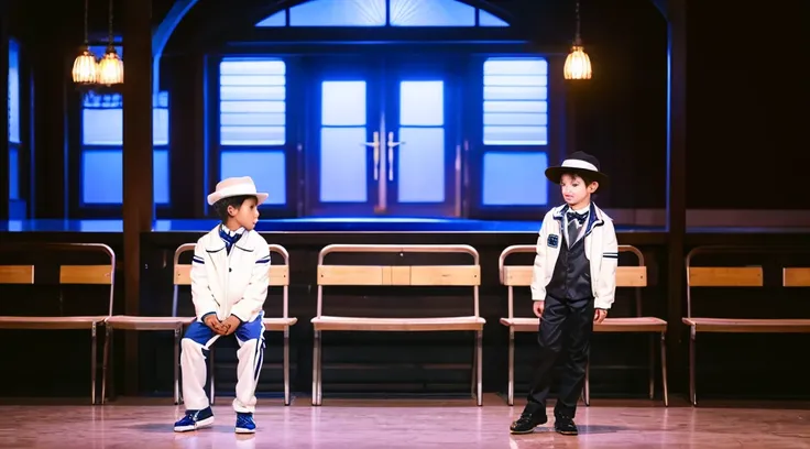 Photorealistic image of a 7-year-old boy performing on a makeshift stage in the school cafeteria. The boy is autistic and is dressed like Michael Jackson in the Smooth Criminal music video. He is giving an amazing performance that surprises all adults. The...