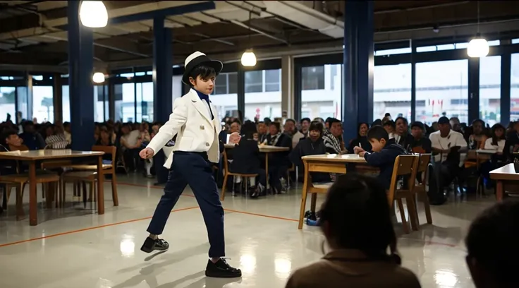 Photorealistic image of a 7-year-old boy performing on a makeshift stage in the school cafeteria. The boy is autistic and is dressed like Michael Jackson in the Smooth Criminal music video. He is giving an amazing performance that surprises all adults. The...