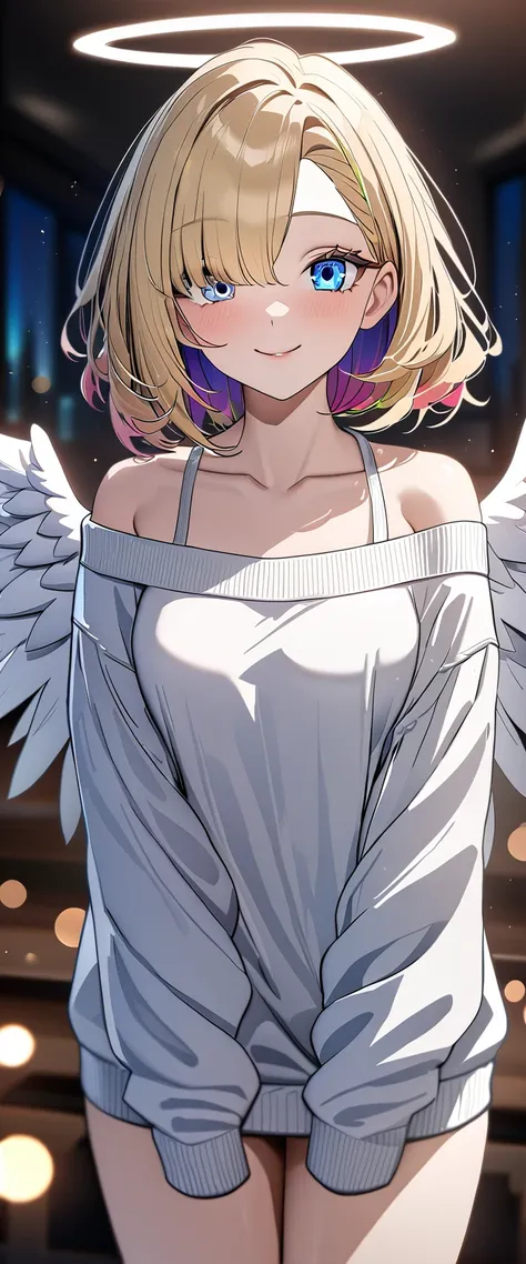 ((angel, big big white wings:1.3, halo:1.3)), (((cowboy shot))), ((flying)), archangel Uriel, ((wavy hair, outward curled hair)), evening, Sunset, ((blond hair, bob cut:1.3)), breasts, teenager, (looking at viewer), oversized clothes, puffy long sleeves, c...