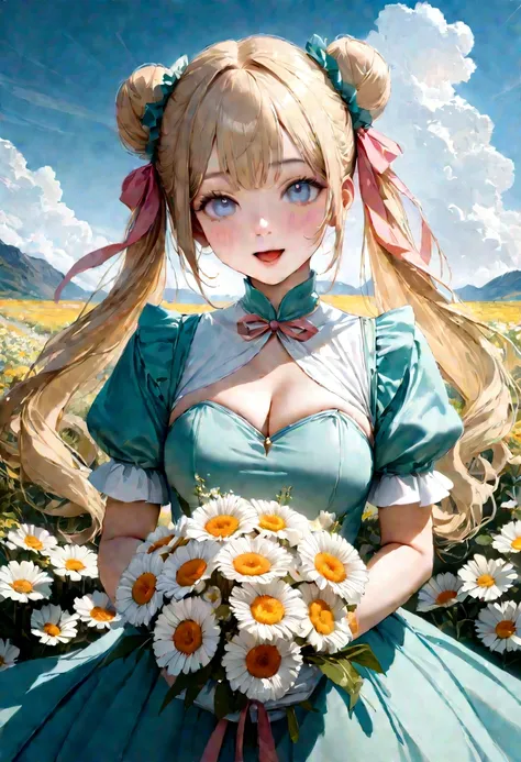 20 years old,1 girl,hyperrealistic, 8k, (extremely detailed 8k), (very delicate and beautiful), (masterpiece), (better quality:1.0), (ultra high resolution:1.0), (masterpiece, best quality), cute,blonde,cleavage cutout,(broen dress:1.3),(crop top navel:1),...