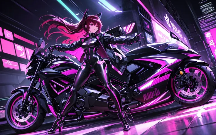 He transports me to a cyberpunk world full of mystery and futurism. I imagine this anime girl on her cyberpunk motorcycle, surrounded by neon lights in a night city. His purple and black suit., The shiny chains and her red hair create an intriguing image.....