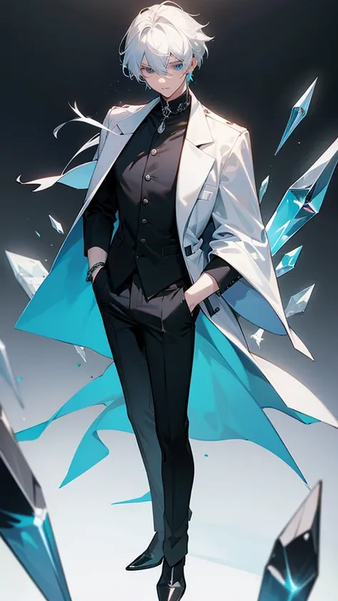 
ChatGPT
Age: 17 years old
Hair: White, possibly prematurely gray, giving him a distinguished and somewhat mature look for his age.
Eyes: Light blue, which contrasts strikingly with the white hair.
Attire: He wears a simple black shirt with crystal details...