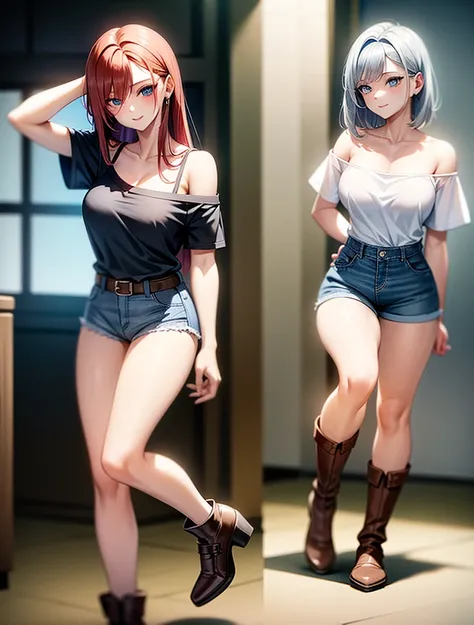 sexy young girl, long haired redhead with blue eyes, Short white off-the-shoulder shirt, bright blue short jean shorts, mirada happy, happy, short brown boots, with a second  with gray hair and blue eyes