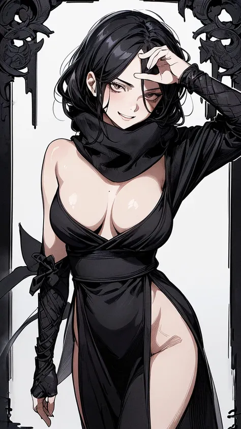 top quality, (background details), high contrast, one very beautiful woman, detailed original illustration, functional, delicate face, ninja, black ninja costume, black hair, scarf, face hidden by hand towel, charming, bad girl, sexy, real breasts, crazy s...