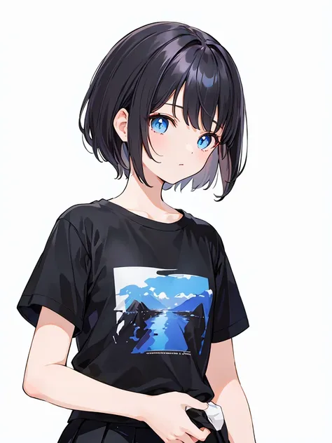 1girl, solo, blue eyes, (detailed eyes), flat chest, short hair, black hair, ((black t-shirt)), simple t-shirt, black skirt, bla...