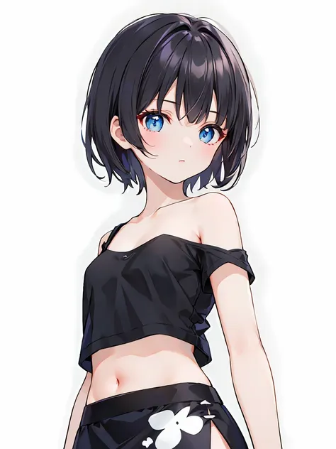 1girl, solo, blue eyes, (detailed eyes), flat chest, short hair, black hair, ((black t-shirt)), simple t-shirt, black skirt, bla...