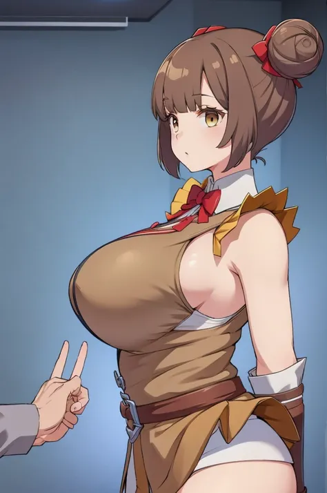 Brown hair,short hair,bigbreast,mini skirt,wanwan_at,hair bun