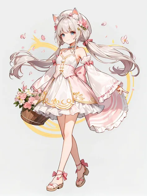 chattotori， 1girll， pink sleeve， solo，cat ears， long ponytail，gorgeous cake dress， full bodyesbian，adolable， a skirt， looking at...