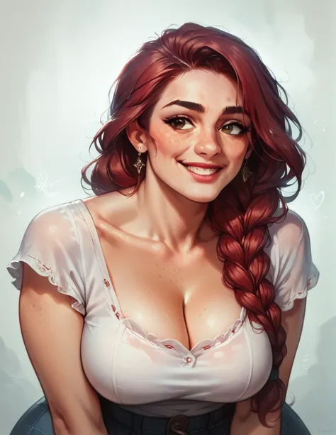 best quality, super fine, 16k, incredibly absurdres, extremely detailed, 2.5D, delicate and dynamic, a beautiful young woman, slight smile. Mahogany-red hair, loose braid. brown eyes, black eyebrows, strong eyebrows. High cheekbones, strong chin. Freckles....