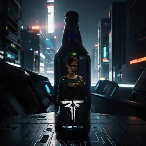 One bottle in the picture.A bottle of cyber beer presented in cyberpunk style, with characteristic elements: smooth, matte coating, decorated with bright neon luminous inserts. Design includes digital pixel patterns and abstract graphic elements, creating ...