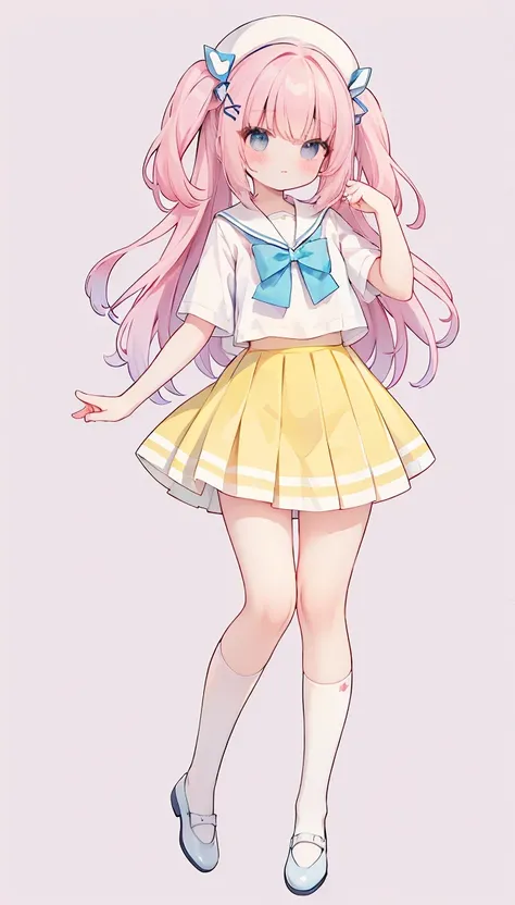 masterpiece, best quality, high resolution, white simple background, standing, slim waist, cute, sailor uniform, pink bow tie, yellow skirt, knee high long socks, (Pastel Colors: 1.3), full body