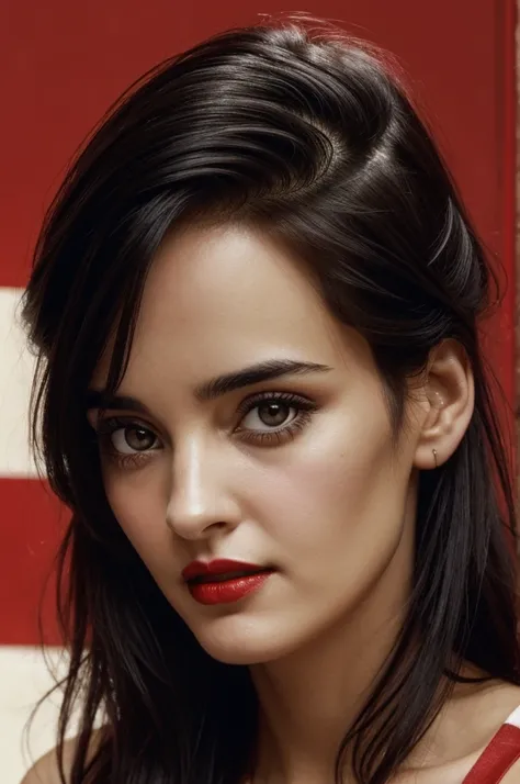 Young black-haired woman with her hair to the side, Brown eyes, red painted lips, belonging to Argentina, from the 80s. confident, with medium large eyes (round), face similar to Winona Ryder, confident expression.