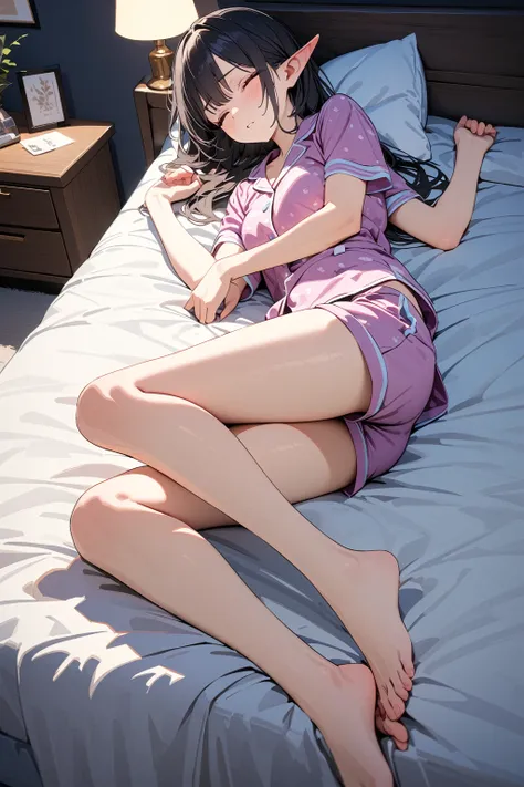 (masterpiece, best quality:1.5), (ultra detailed, high resolution, 8k, beautiful detailed, UHD, best anatomy), black hair, very flat breasts, 1 attractive elf, barefoot, bed room, night, Lying on the bed, asleep, Both eyes closed, Pajamas with short sleeve...