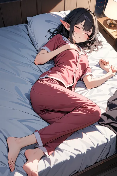 (masterpiece, best quality:1.5), (ultra detailed, high resolution, 8k, beautiful detailed, UHD, best anatomy), black hair, very flat breasts, 1 attractive elf, barefoot, bed room, night, Lying on the bed, asleep, Both eyes closed, Pajamas with short sleeve...