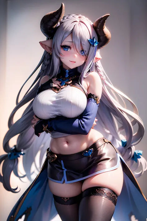 (((1 woman))), ((detailed blue eyes)), ((long silver hair)), large breasts, perfectly drawn body, narmaya, seductive smile, sweater, miniskirt, best quality, masterpiece, ultra-detailed