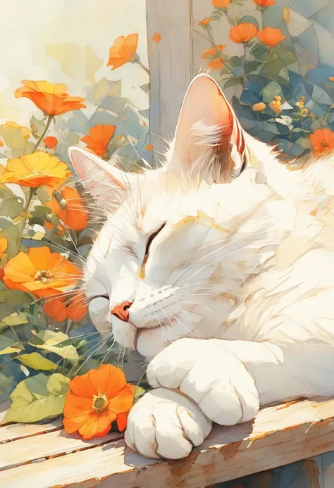 (Highest quality:0.8), (Highest quality:0.8), Perfect illustration,Cat close-up、Portrait、garden、Cat sleeping on a bench、sunny、flower、Calm、