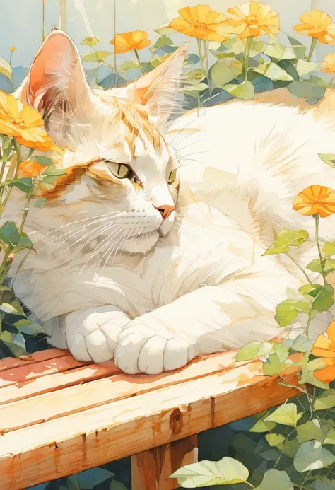 (Highest quality:0.8), (Highest quality:0.8), Perfect illustration,Cat close-up、Portrait、garden、Cat sleeping on a bench、sunny、flower、Calm、