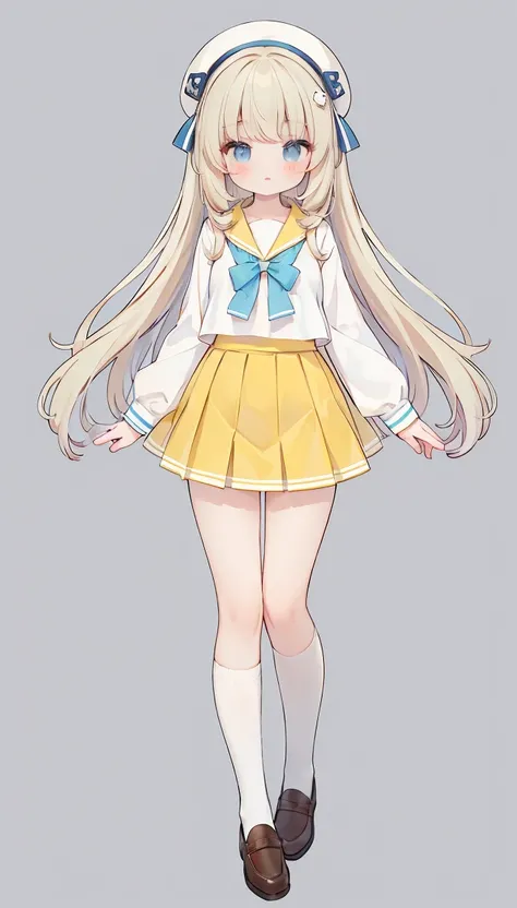 masterpiece, best quality, high resolution, white simple background, standing, slim waist, cute, sailor uniform, yellow skirt, knee high long socks, (Pastel Colors: 1.3), full body