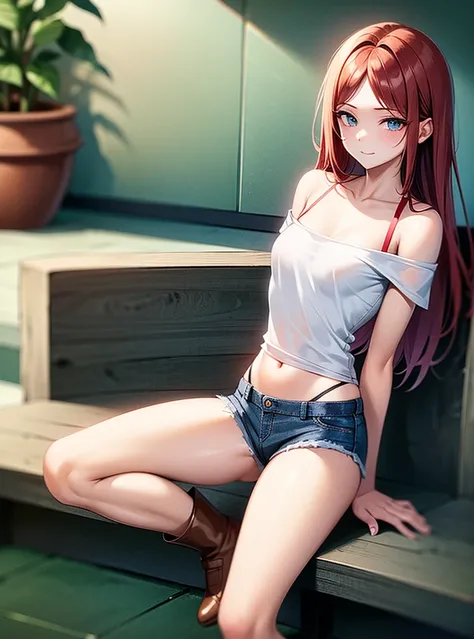 sexy young girl, long hair strong red hair, blue-eyed, Short white off-the-shoulder shirt, bright blue short jean shorts, mirada happy, happy, short brown boots, con su hija pequeña de cabello gris blue-eyed