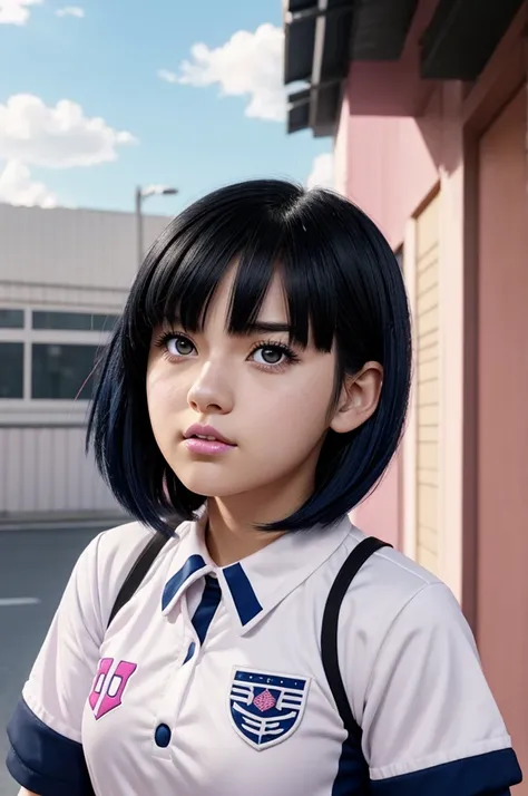 Screenshot of my hero academia anime girl with white skin, black eyes, short straight dark blue hair and bangs, black eyes, pink lips, pink cheeks, wearing the UA uniform