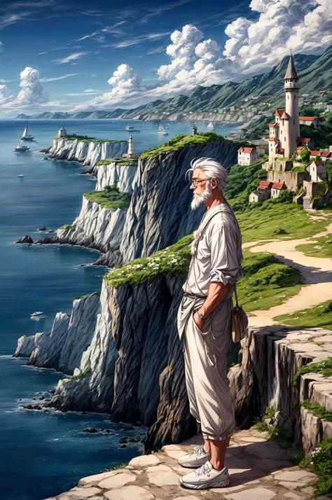 Create a high-quality anime-style image featuring an elderly man standing on a rocky cliff by the sea. The man has white hair, a beard, and is wearing round glasses. He is dressed in a white shirt, beige pants rolled up at the ankles, and white sneakers. H...