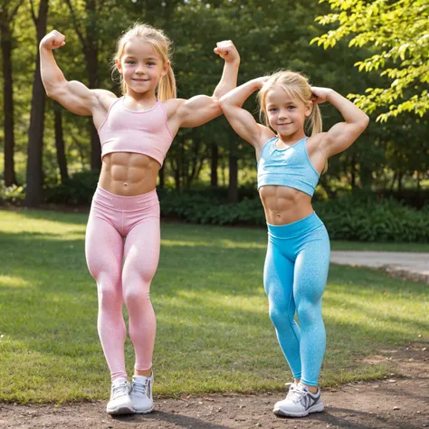 beautiful 10 year old blonde muscular bodybuilder children girl with big muscles wearing a cute long leggings, freckles, being outside