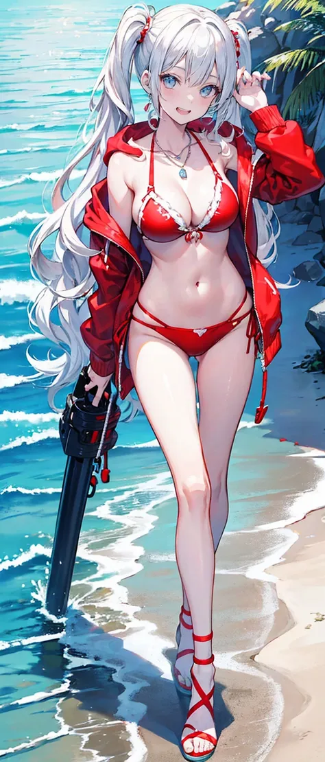 High resolution, high resolution,2D Anime Style,,Cool woman,Gal,tall,20th Generation,White hair long hair,Curly hair twin tails,Light blue eyes,Gal,Beautiful watch,Beautiful earrings,Lots of beautiful necklaces,Red Bikini,Opened hoodie,He is smiling,Has fa...