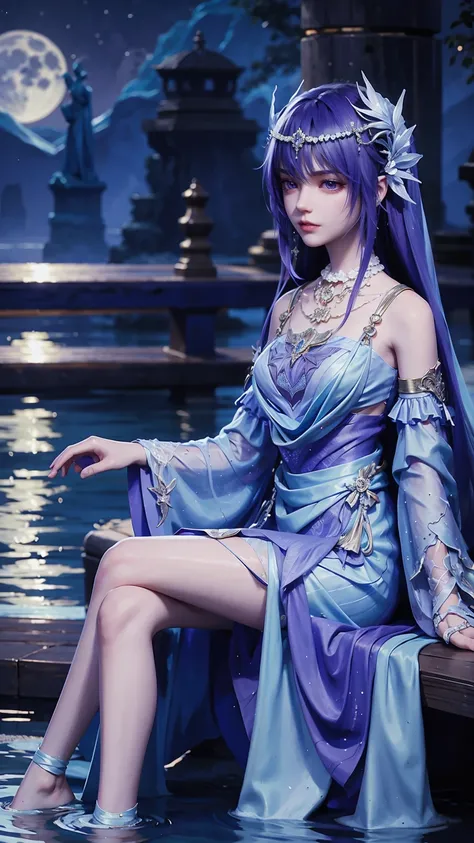 A girl，（（（穿着Lilac wedding dress：1.5））），Black hair and black eyes，Brush your hair with your hands，Seven shots of characters，Professional photography，high quality，Sitting cross-legged on the water，Background on the water at night，moon，The whole body glows，（（...