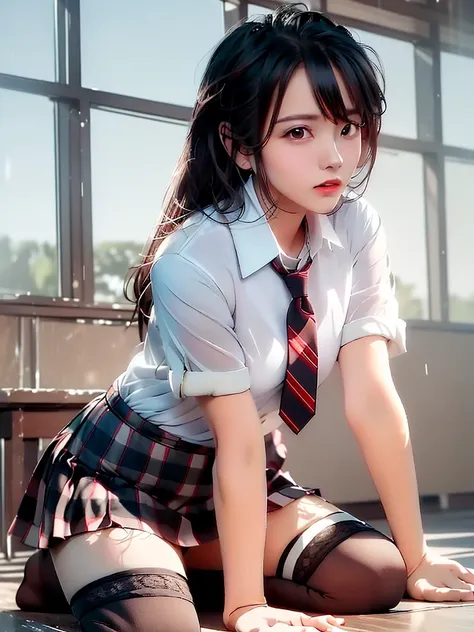 (masterpiece, best quality:1.2), a hyperrealistic , solo, 1girl, yukinoshita yukino, (shiny skin, wet skin:1.2), sweating, slight smile, looking at viewer, on all fours, , white shirt, plaid skirt, thighhighs, afternoon, classroom hyperrealistic , cut hair...