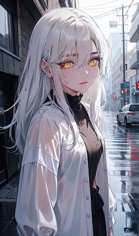 1girl, portrait, solo,lips, female focus, yellow eyes, looking at viewer, white hair, long hair, closed mouth, smile, casual clothes, rainy day, wet clothes, street on the background