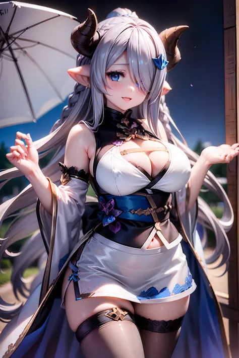 (((1 woman))), ((detailed blue eyes)), ((long silver hair)), large breasts, perfectly drawn body, narmaya, seductive smile, miniskirt, best quality, masterpiece, ultra-detailed