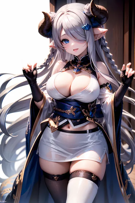 (((1 woman))), ((detailed blue eyes)), ((long silver hair)), large breasts, perfectly drawn body, narmaya, seductive smile, miniskirt, best quality, masterpiece, ultra-detailed