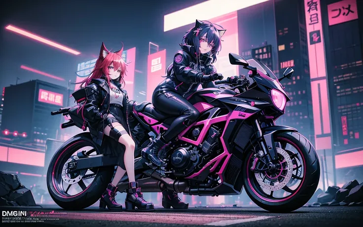 i imagine a cyberpunk world full of mystery and futurism. i imagine this anime girl on her cyberpunk motorcycle, surrounded by n...