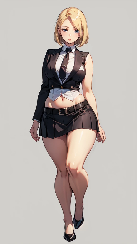 blank background, (((full body))), (masterpiece), ((best quality)), (flat chest), tiny breast, straight hair (curvy:1.6), (very short skirt), shoes, belt below navel, blonde,  (black suit and tie)