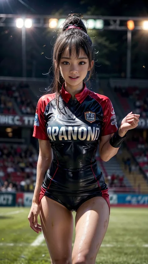 Highest quality, High resolution:1.2, Very detailed, Realistic:1.3, ((Beautiful woman))、((((Super tight uniform))))、((Super big breasts))、(The abdomen is visible)、Vibrant colors, play soccer,((Blunt bangs))、Various Hair Styles、Different hair colors、With ba...